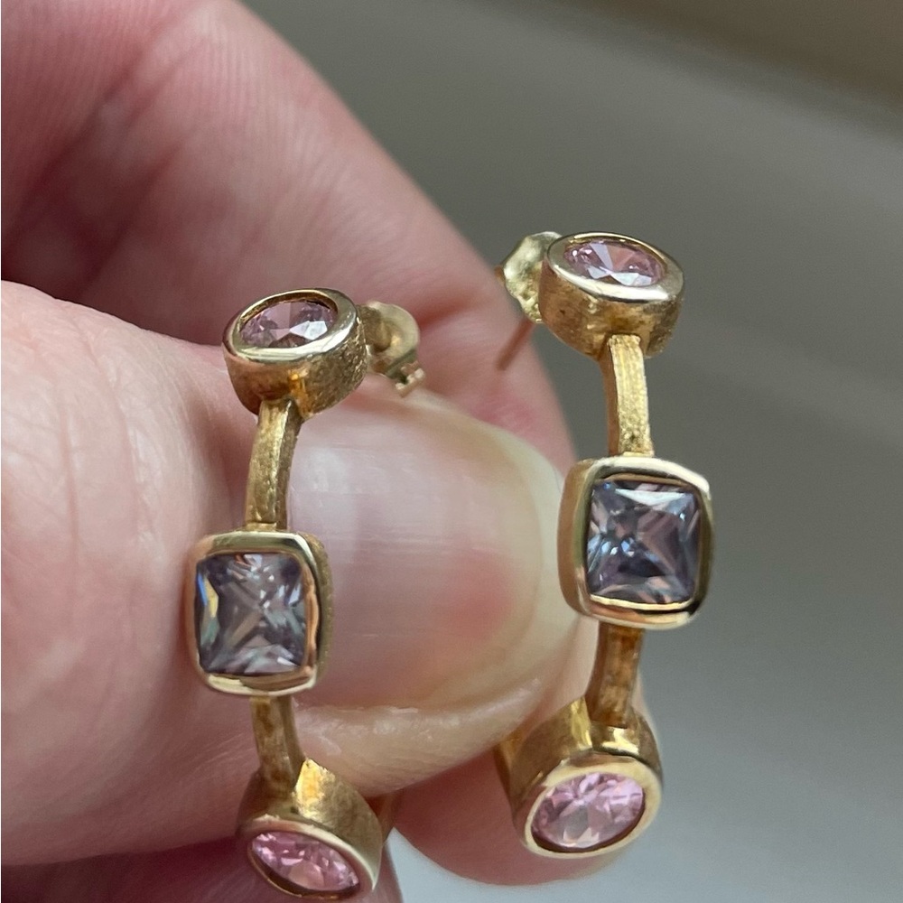 Pink and purple crystal and gold hoop earrings